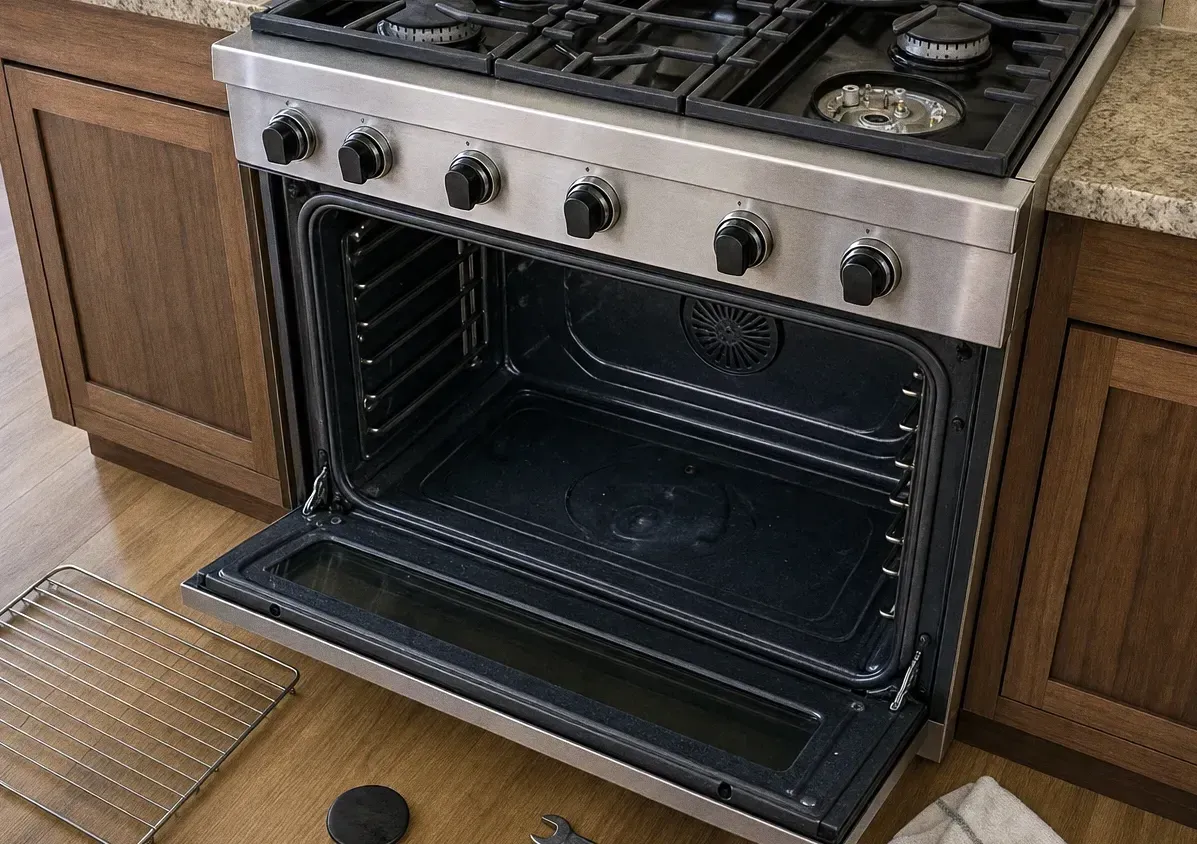 A stainless range in wood cabinets with the oven door fully open on an empty cavity and one burner cap lifted off onto the floor