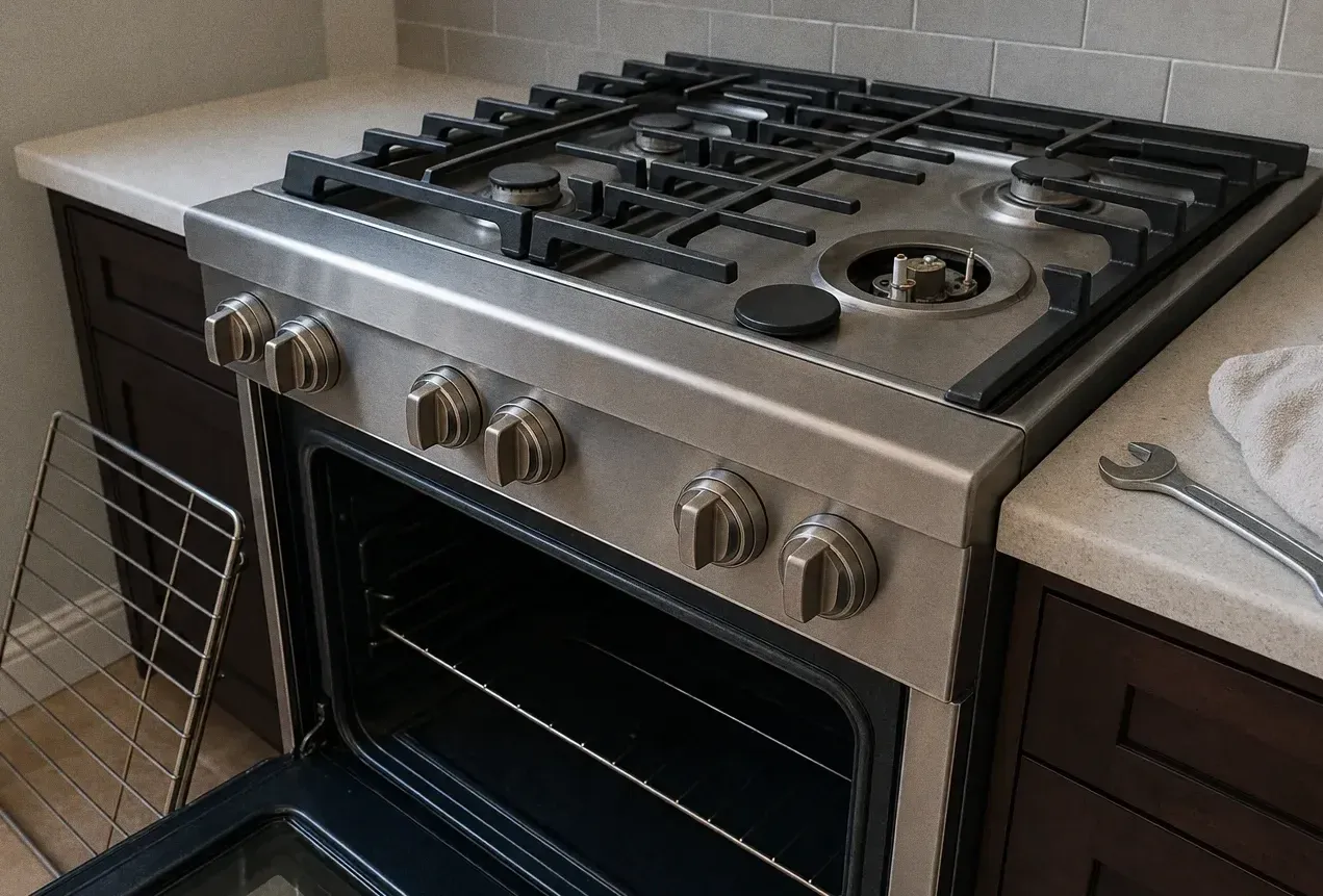 A gas rangetop seen from above and to the side, cast grates in place and one burner taken down to its base with the cap on the counter