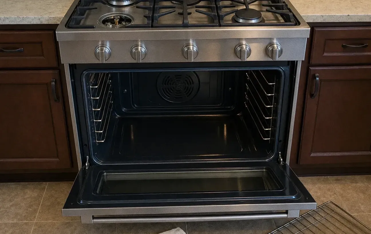 A stainless gas range photographed head-on with the oven door open on an empty cavity and a rack propped on the floor beside it