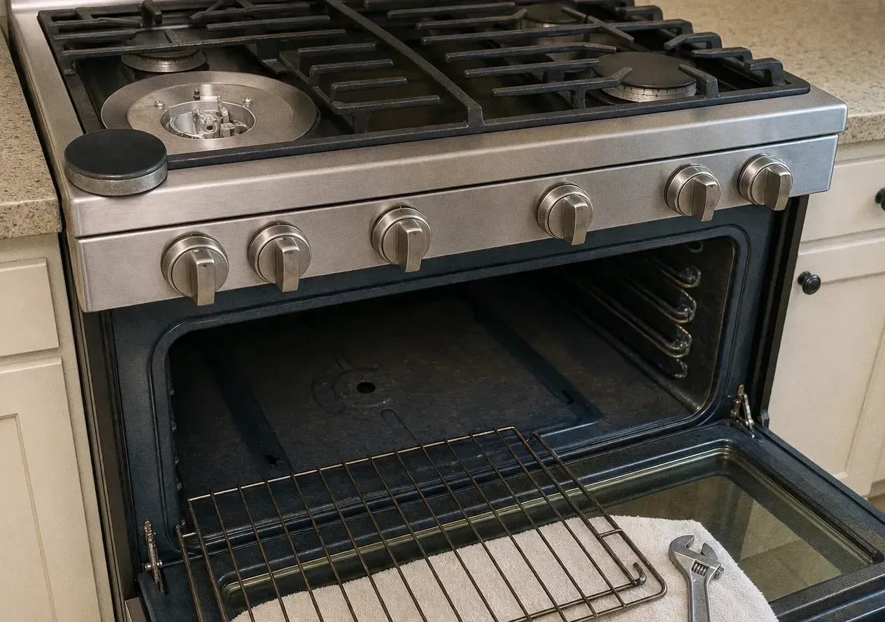A close view of a gas cooktop with one burner base exposed, a rack standing on the open oven door and a wrench resting on a towel