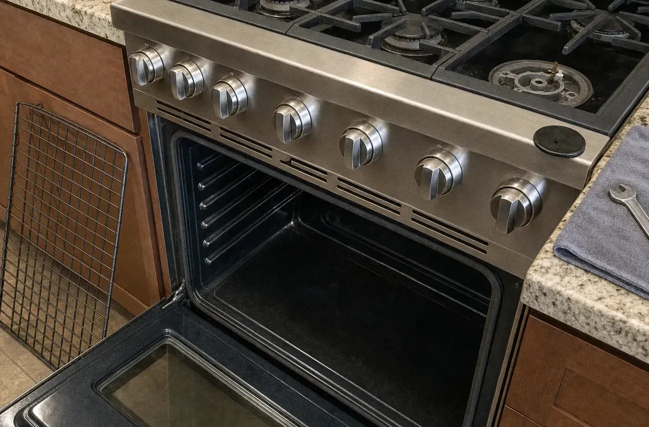 A tight crop across the knob row of a gas range with cast grates above and the open oven cavity below